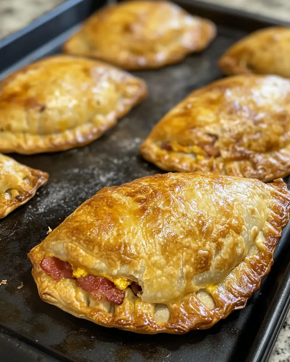 Freshly baked bacon and egg empanadas steaming hot