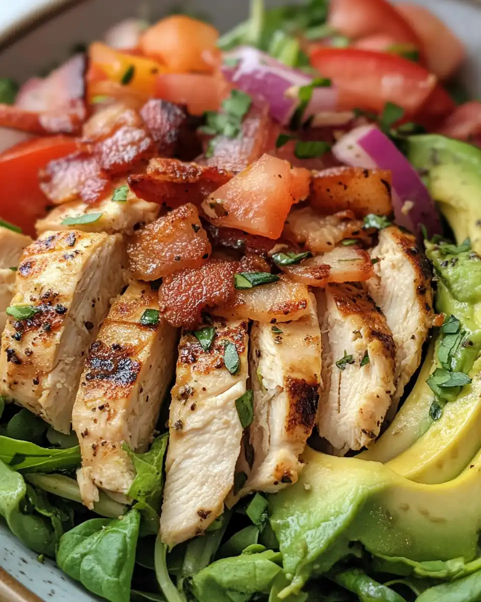 Ingredients for bacon avocado chicken salad mixed in a large bowl