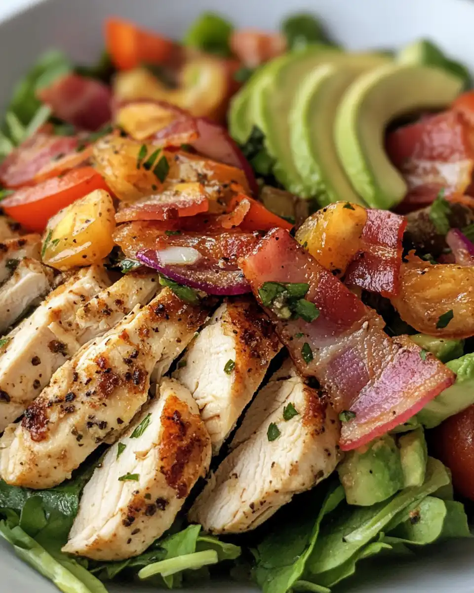 Final plated bacon avocado chicken salad with creamy dressing