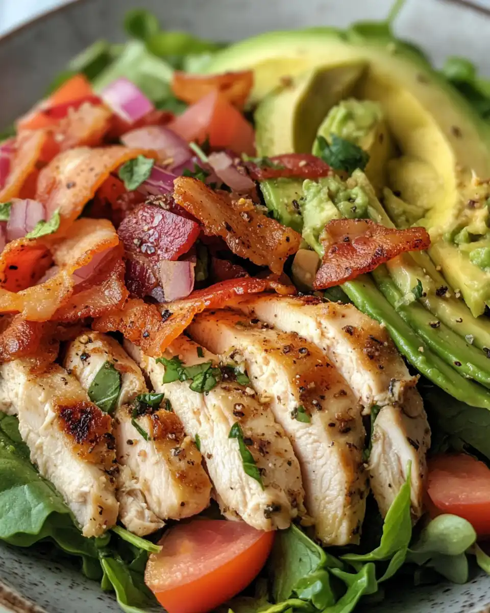 Close up of bacon avocado chicken salad fresh and vibrant