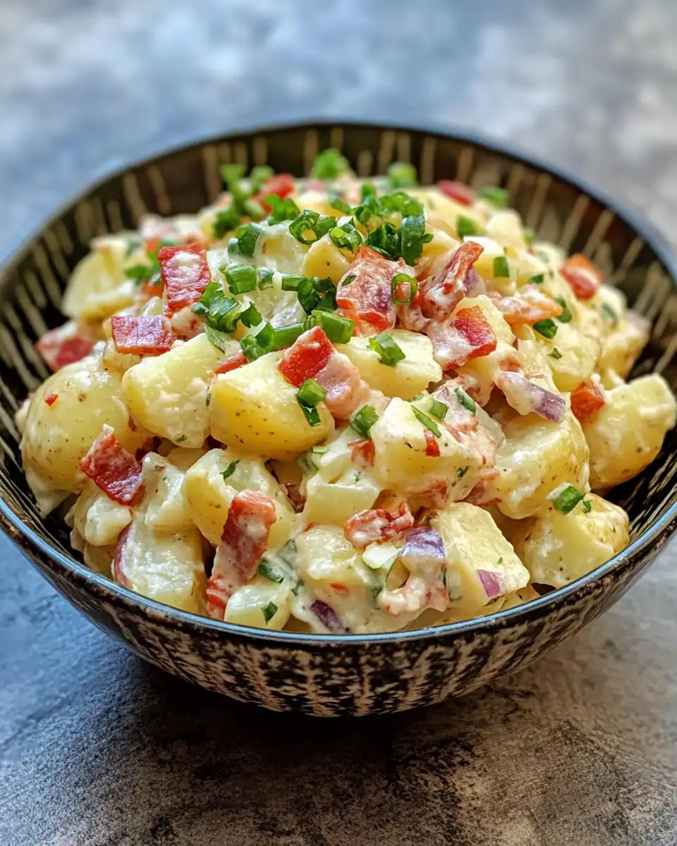 Ingredients for bacon red pepper potato salad including bacon, green onions, and creamy dressing