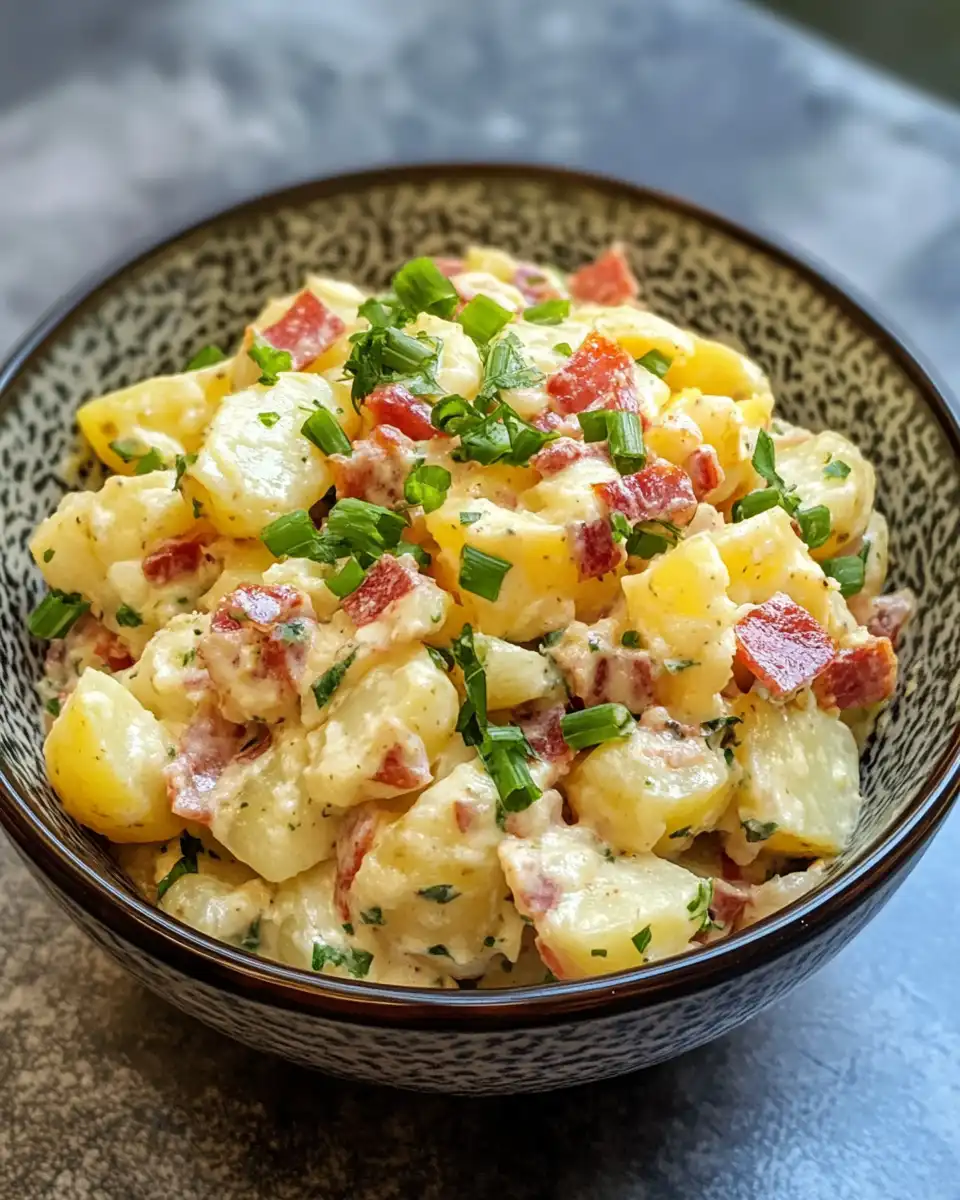 Final plated potato salad with crispy bacon, fresh parsley, and sliced eggs