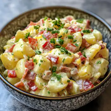 Bacon & Red Pepper Potato Salad taken with iphone 15 pro max --iw 2 --ar 4:5 --v 6.1 --raw
