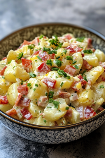 Bacon & Red Pepper Potato Salad taken with iphone 15 pro max --iw 2 --ar 4:5 --v 6.1 --raw