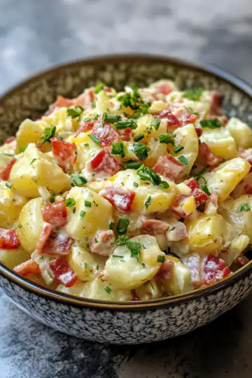 Bacon & Red Pepper Potato Salad taken with iphone 15 pro max --iw 2 --ar 4:5 --v 6.1 --raw