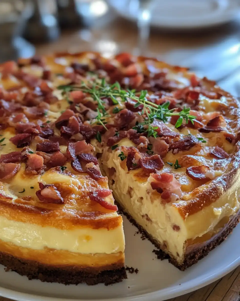 Close-up of creamy ham and Swiss cheese cheesecake in pressure cooker