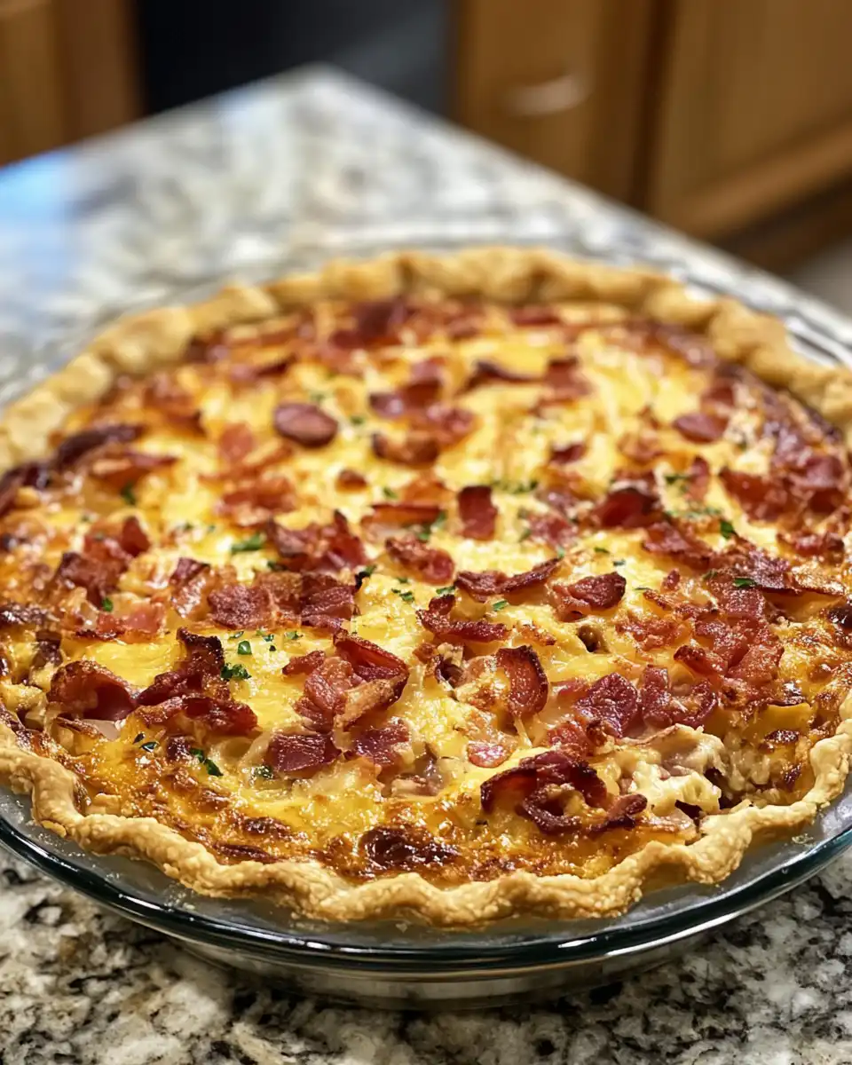 Baked bacon, tomato and onion cheesy pie ready to serve