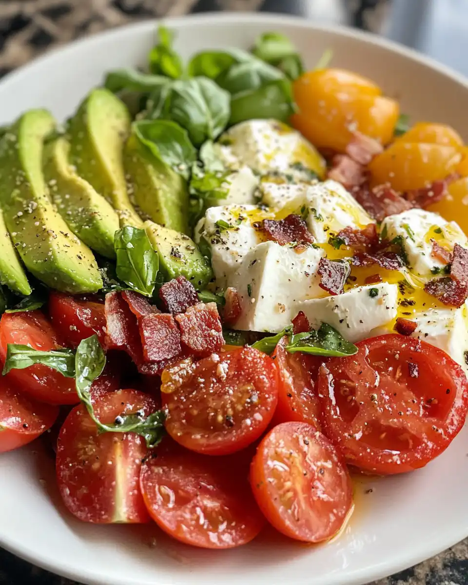 Chopped fresh ingredients including tomatoes, avocados, basil, and mozzarella in bowls