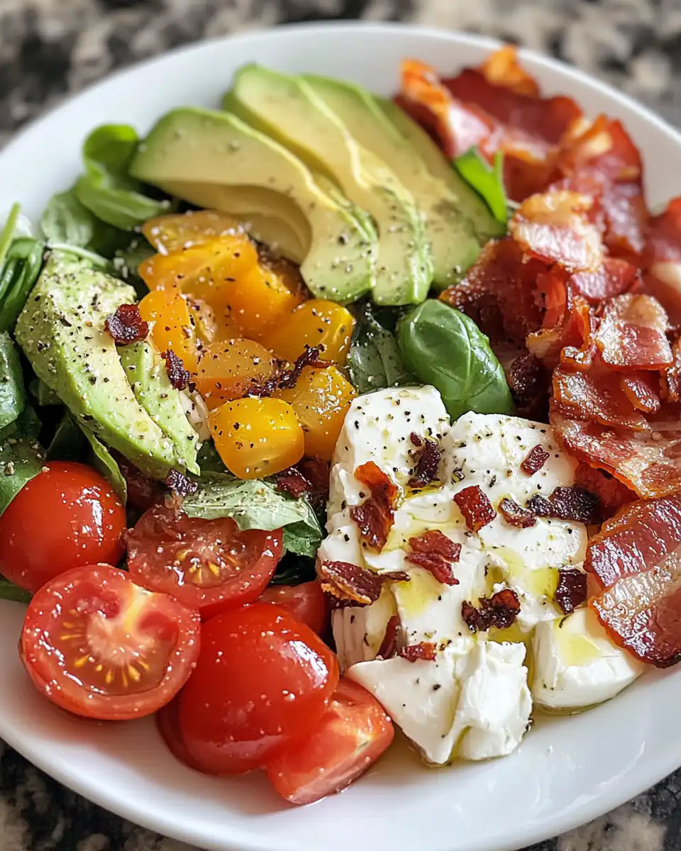 Final plated bacon, tomato, avocado, mozzarella salad ready for serving