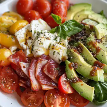 Bacon, Tomato, Avocado & Mozzarella Salad taken with iphone 15 pro max --iw 2 --ar 4:5 --v 6.1 --raw