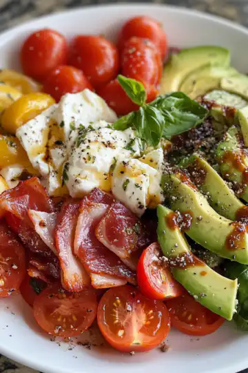 Bacon, Tomato, Avocado & Mozzarella Salad taken with iphone 15 pro max --iw 2 --ar 4:5 --v 6.1 --raw