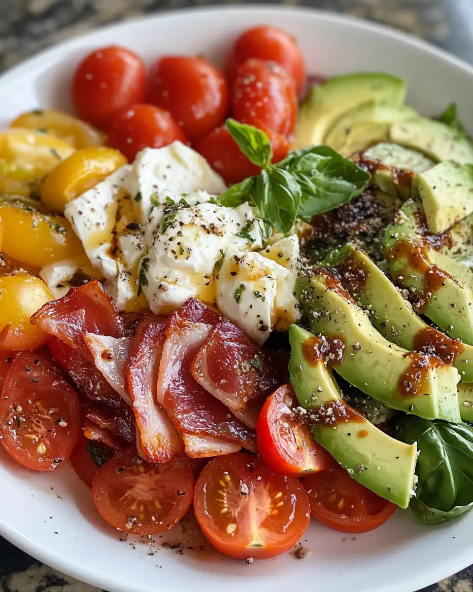 Fresh bacon, tomato, avocado, and mozzarella salad neatly plated