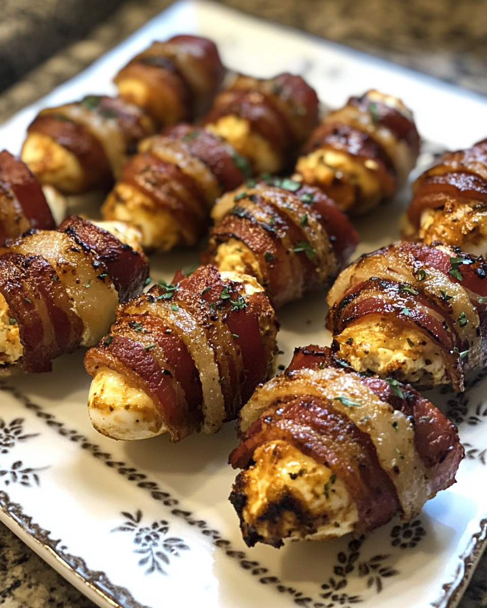 Final bacon wrapped jalapeños served on a plate, crispy and cheesy