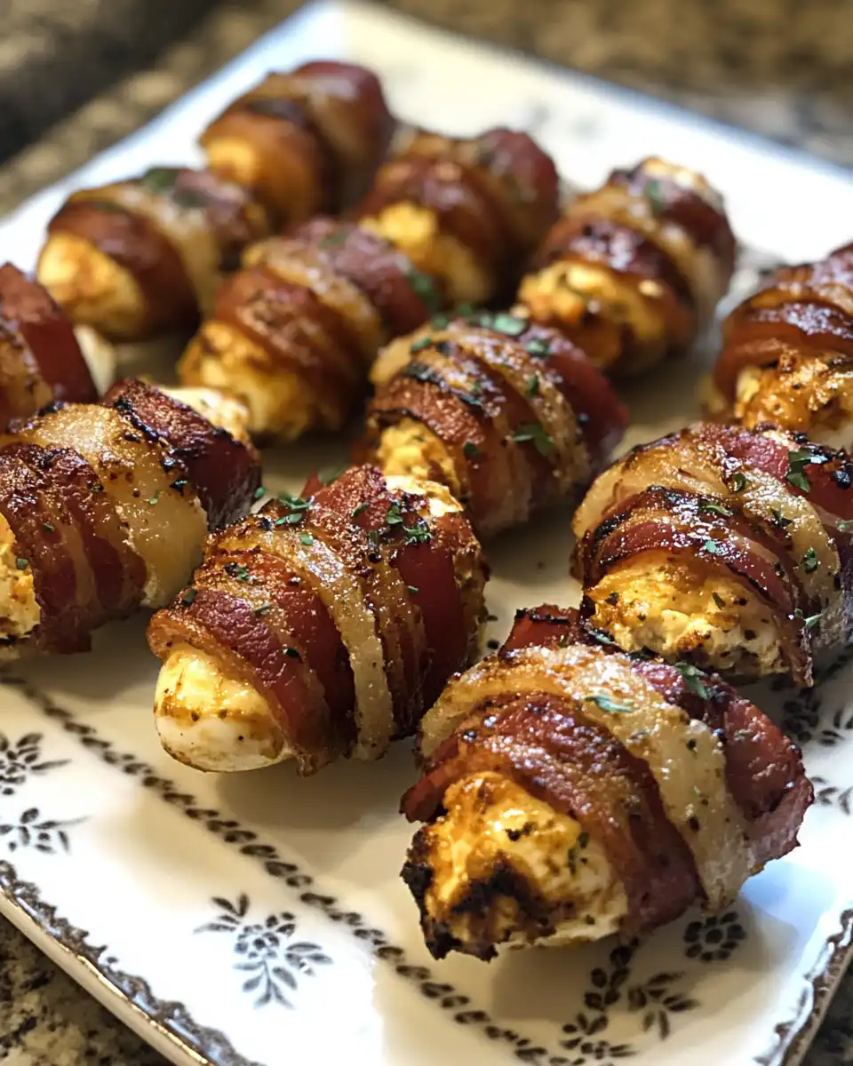 Final bacon wrapped jalapeños served on a plate, crispy and cheesy