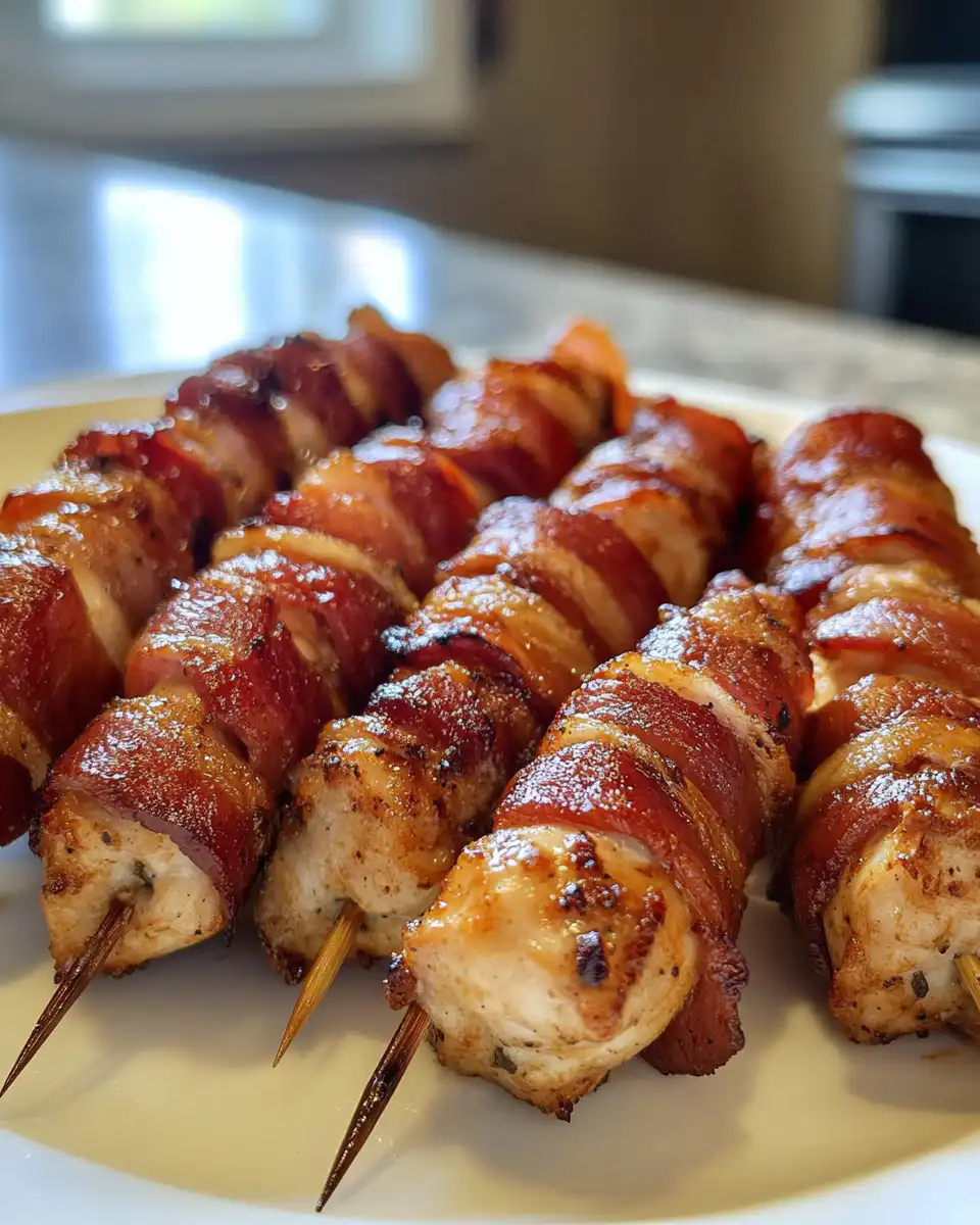Close up of finished bacon wrapped chicken bites with crispy edges