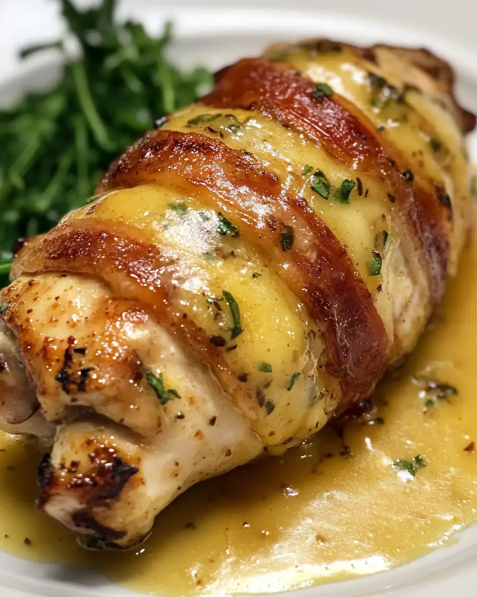 Final plated bacon wrapped honey mustard chicken with crisp bacon and glossy glaze