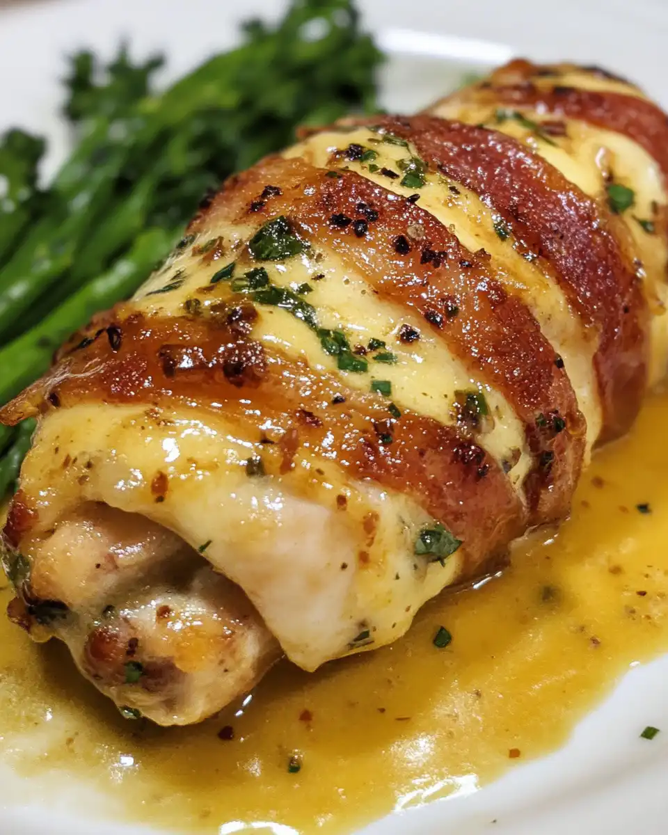 Bacon wrapped honey mustard chicken cooking in pressure cooker with steam valve active