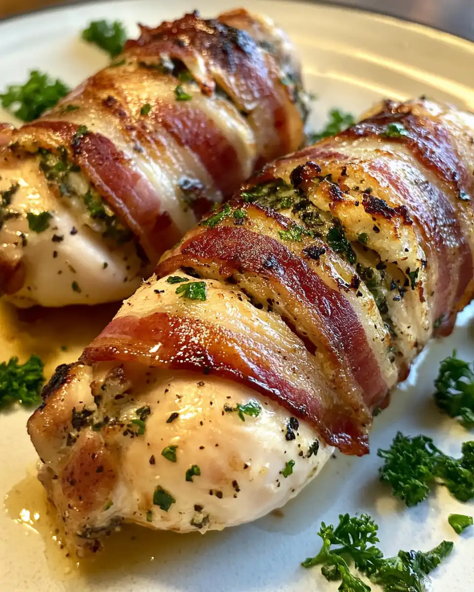 Final plated bacon wrapped stuffed chicken with golden crust
