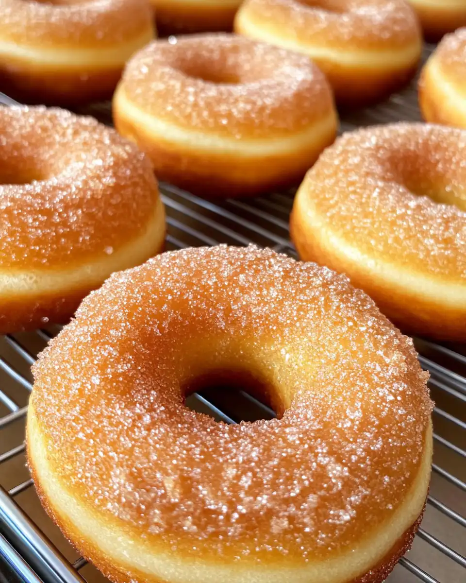 Close-up of freshly baked apple cider donuts with cinnamon sugar