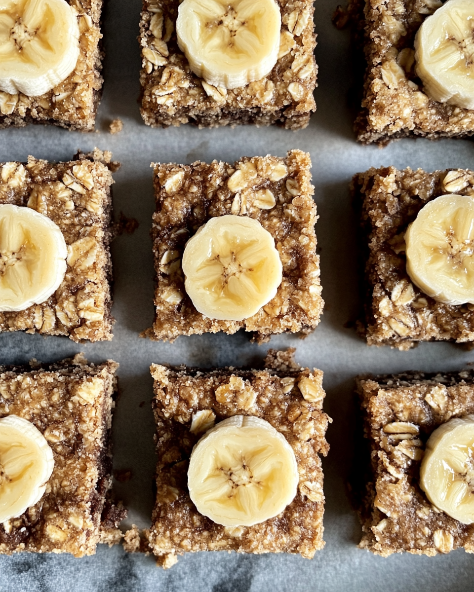 Serving slices of baked banana oatmeal bars fresh and ready