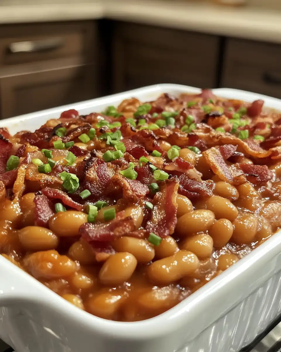 Final plated baked beans with smoky bacon and thick sauce