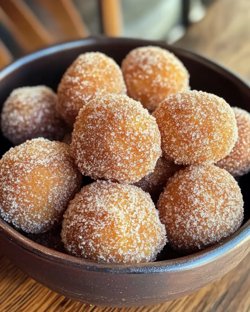 Finished cinnamon sugar apple cider doughnut holes ready to serve