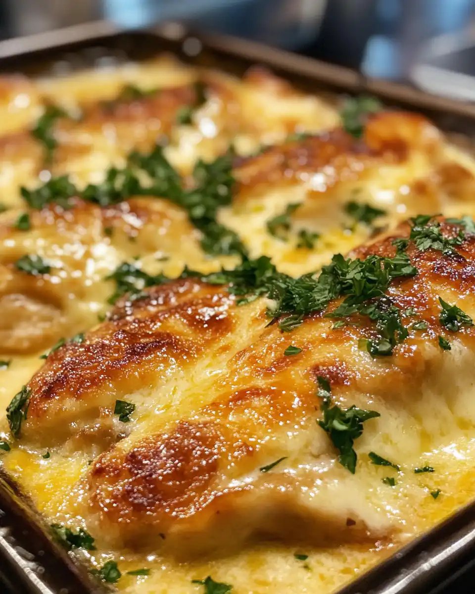 Serving plate of creamy baked cream cheese chicken over rice garnished with parsley