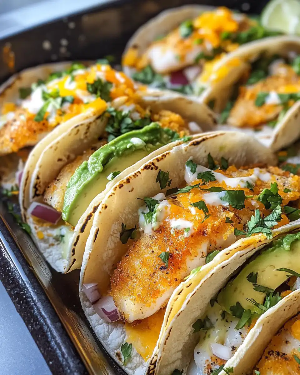 Close-up of crispy baked fish taco with avocado and slaw