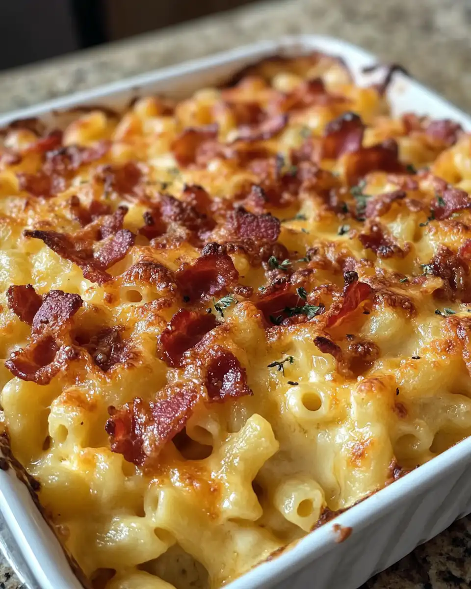 Golden baked mac and cheese with crispy bacon on top, ready to serve