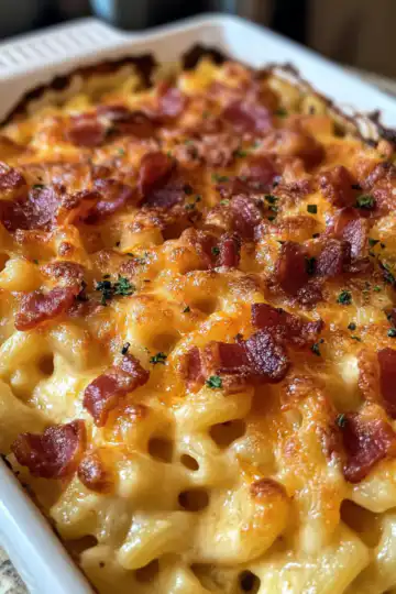 Baked Mac And Cheese With Bacon taken with iphone 15 pro max --iw 2 --ar 4:5 --v 6.1 --raw
