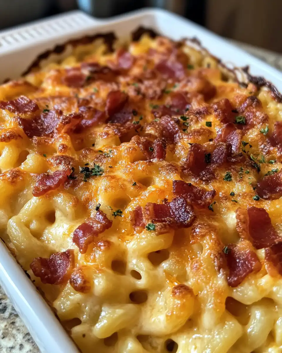 Baked mac and cheese with crispy bacon fresh from pressure cooker