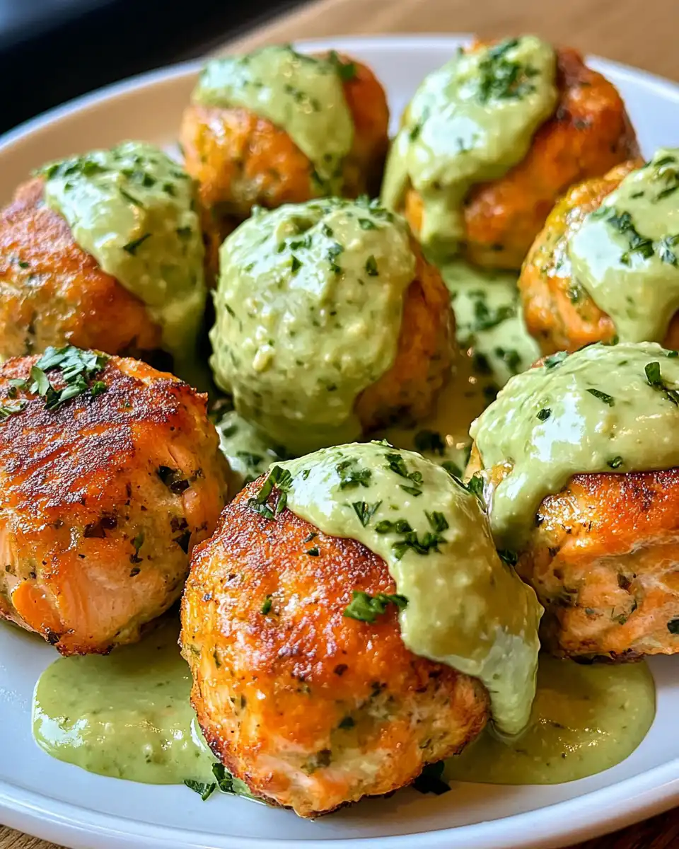 Steaming salmon meatballs with creamy avocado sauce ready to eat