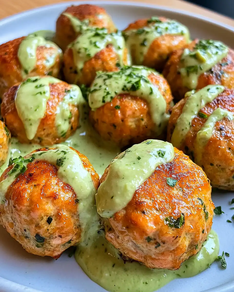 Plated salmon meatballs with avocado sauce served