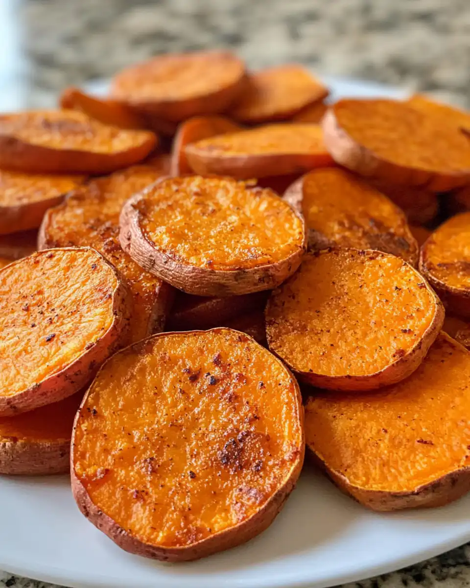 Plated baked sweet potato slices ready to serve and enjoy