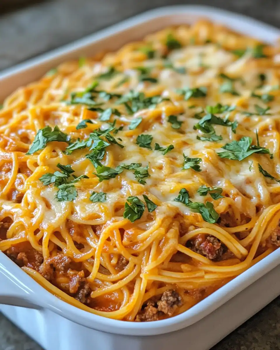 Final plated taco spaghetti with melted cheese and fresh cilantro garnish