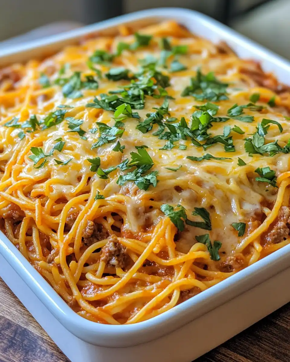 Close up of baked taco spaghetti in pressure cooker with melted cheese and taco tempeh