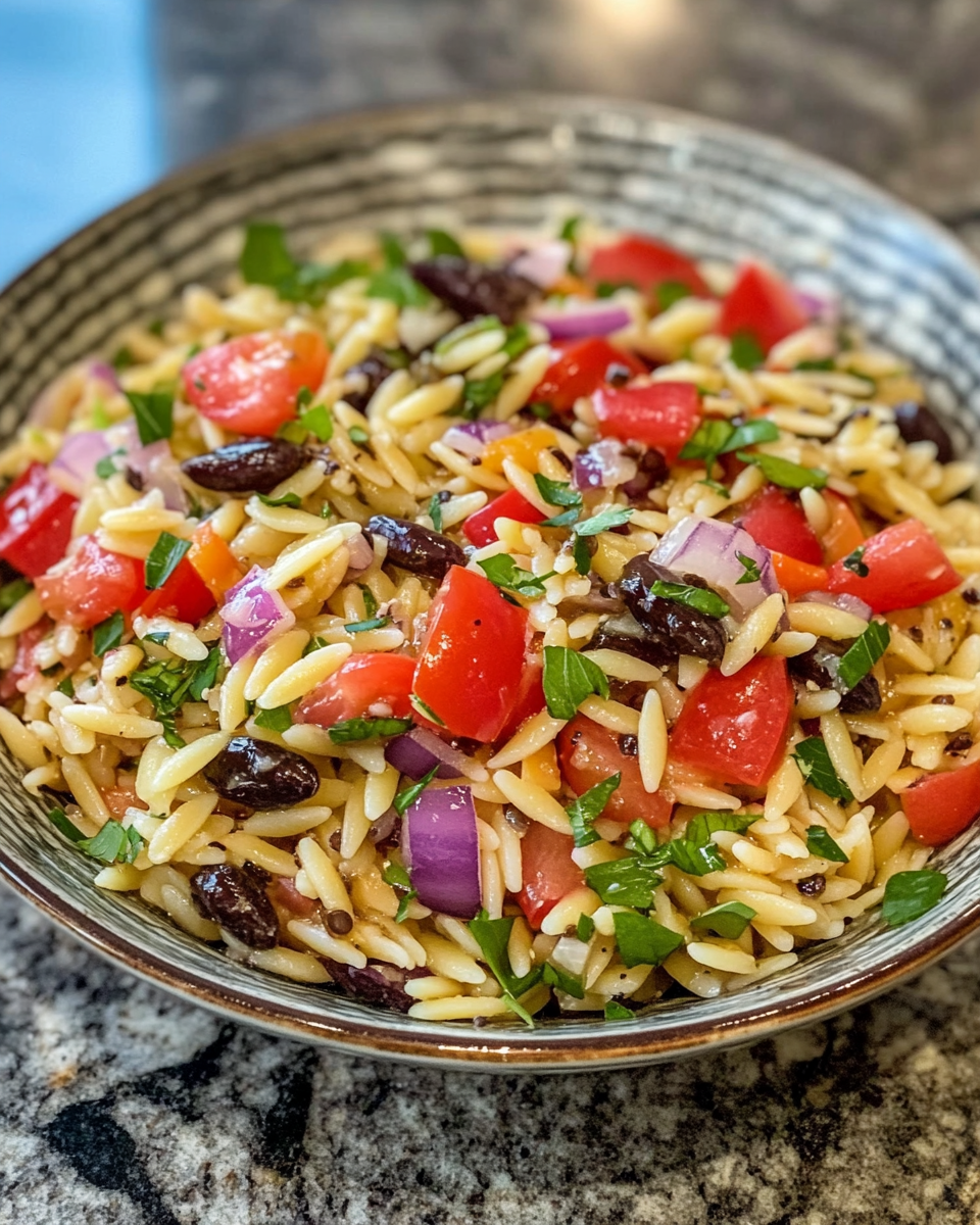 Mixed balsamic orzo salad ready to serve in bowl