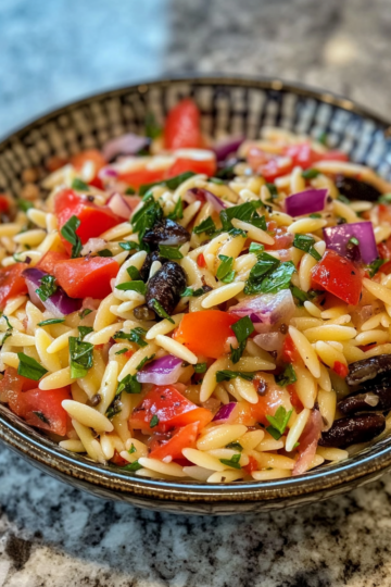 balsamic orzo salad taken with iphone 15 pro max --iw 2 --ar 4:5 --v 6.1 --raw