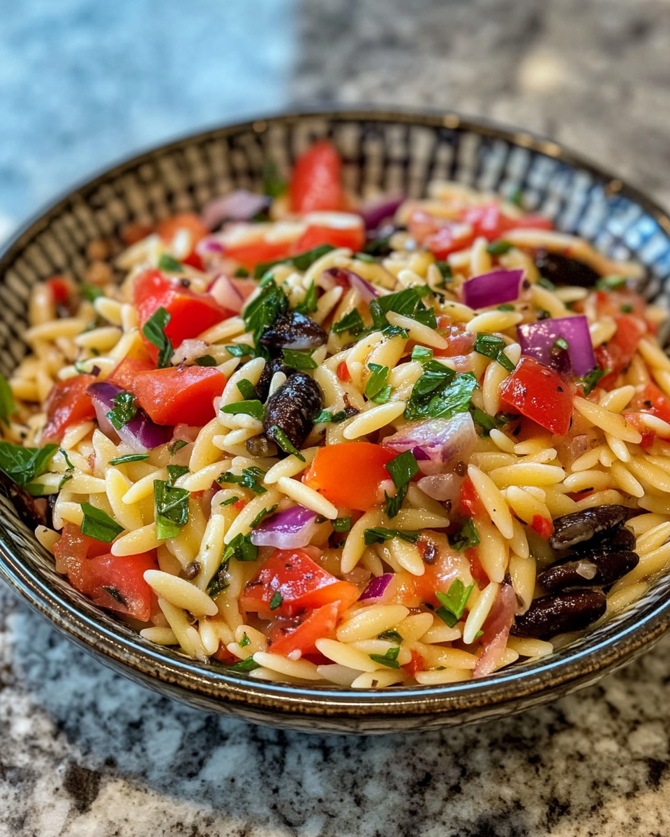 Freshly made balsamic orzo salad with spinach and sun dried tomatoes in bowl
