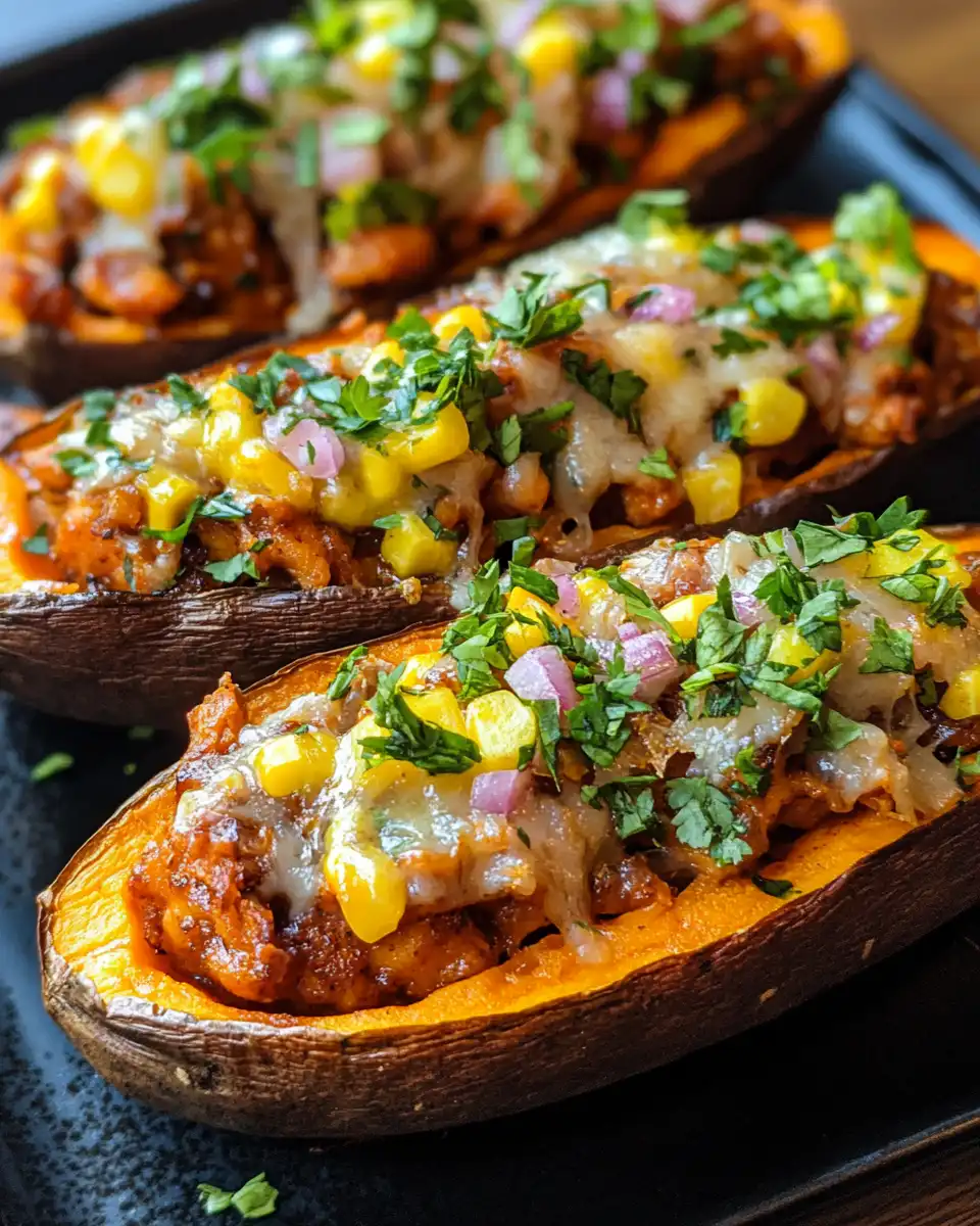 Served BBQ chicken elote stuffed sweet potatoes with cilantro garnish