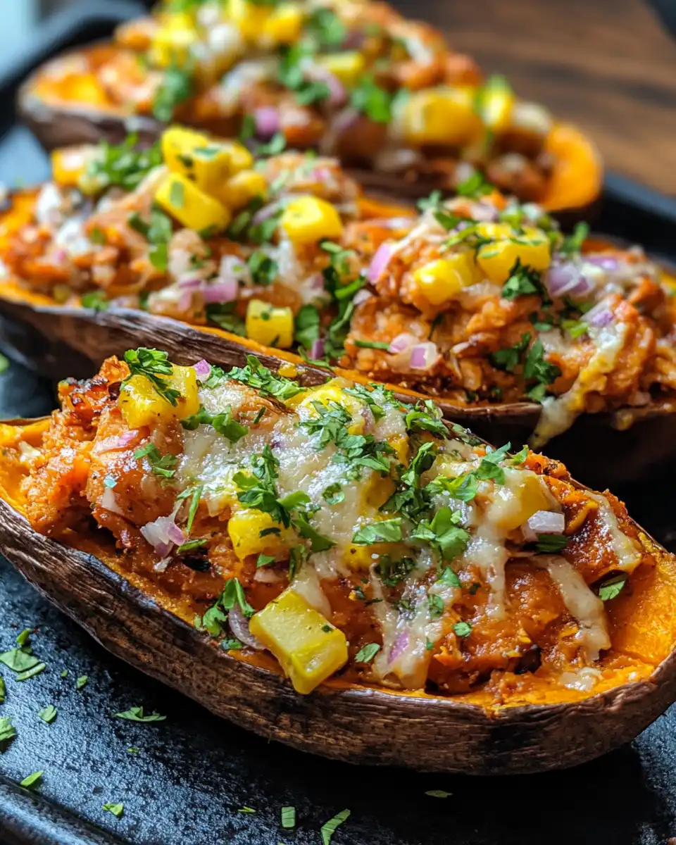 BBQ chicken and elote stuffed sweet potatoes fresh and ready to eat