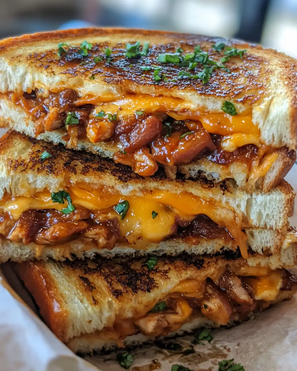 Finished BBQ chicken grilled cheese sandwich sliced and ready to serve