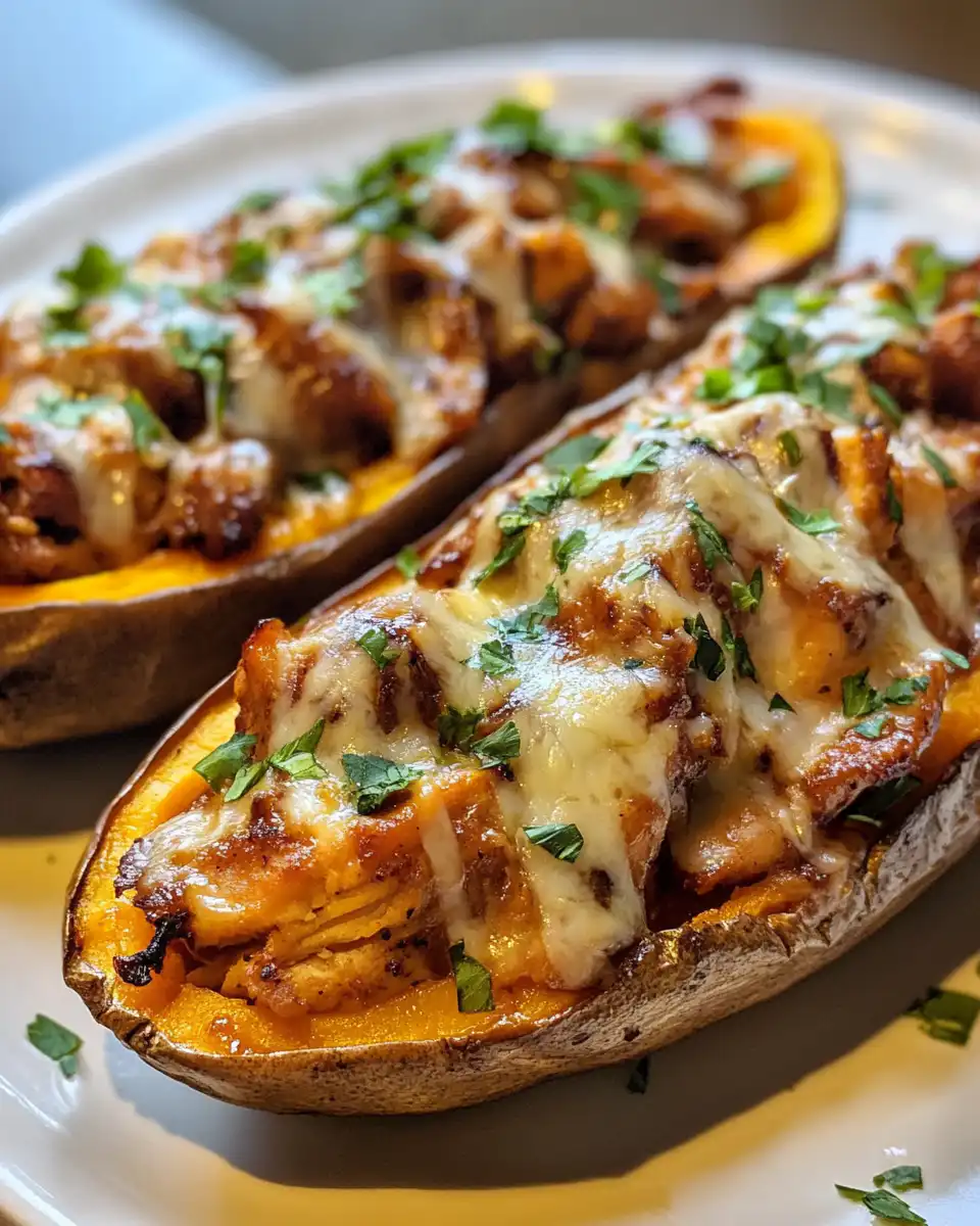 BBQ chicken stuffed sweet potatoes baking in the oven with green onion garnish