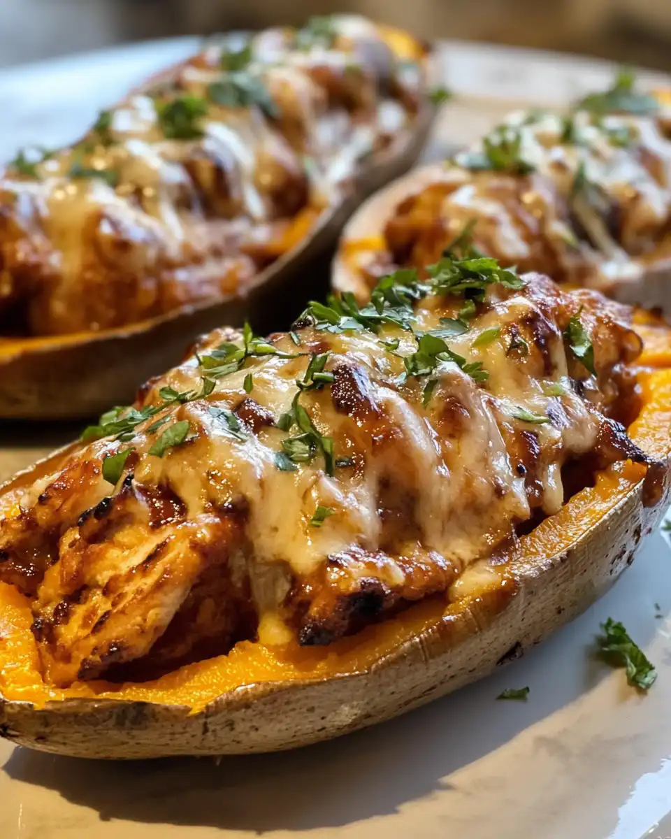 Close-up of BBQ chicken stuffed sweet potatoes fresh from the pressure cooker