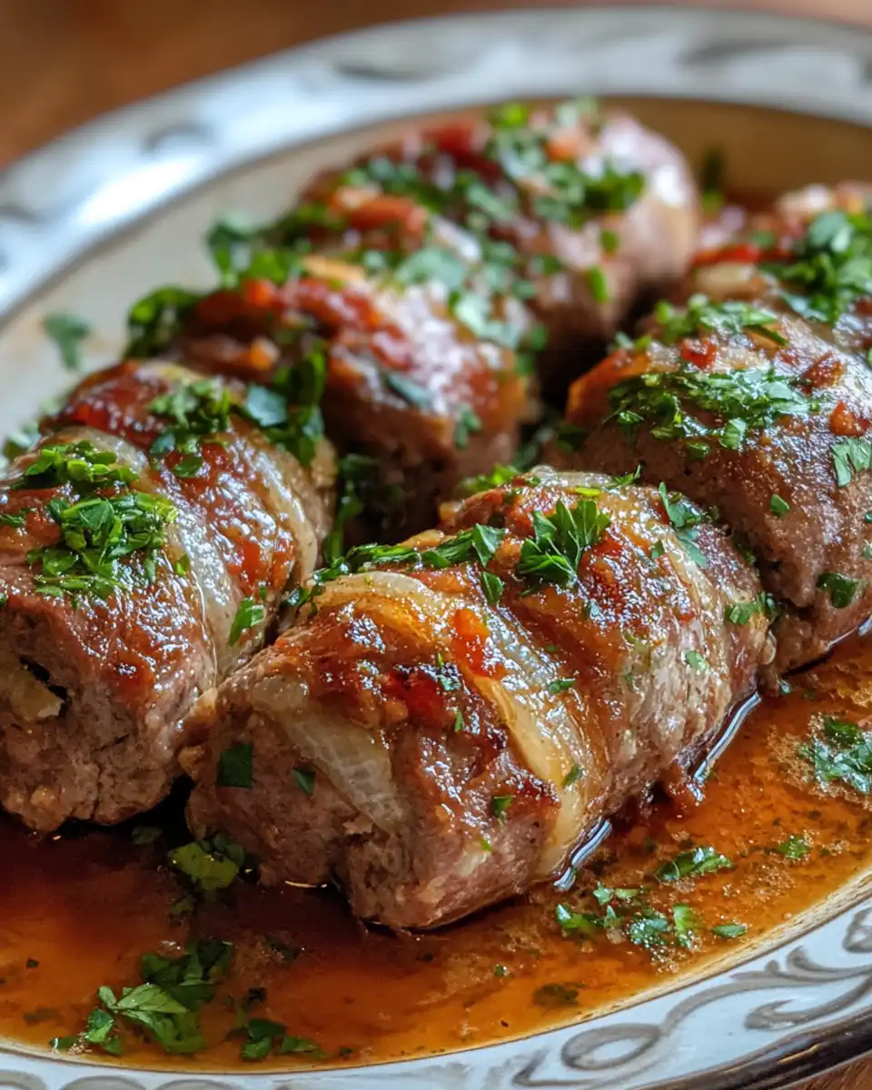Ingredients for beef braciole laid out on kitchen surface including prosciutto, garlic, cheese, and parsley