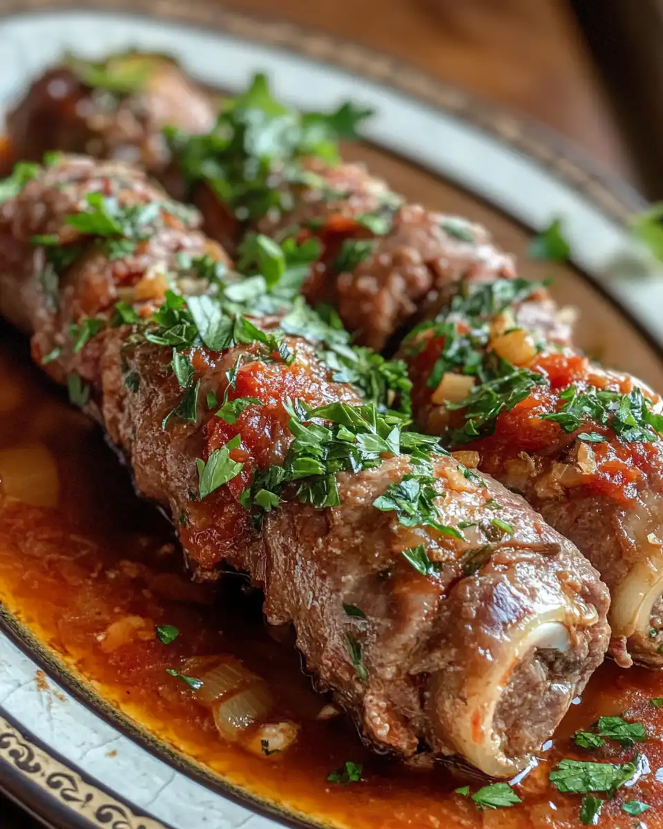 Beef braciole roulades browning in skillet with sauce simmering