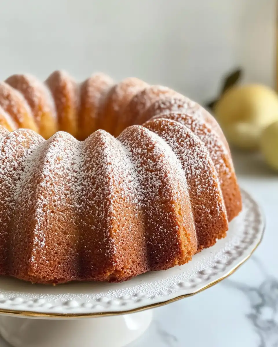 Sliced apple cider bundt cake served with warm cinnamon sugar topping