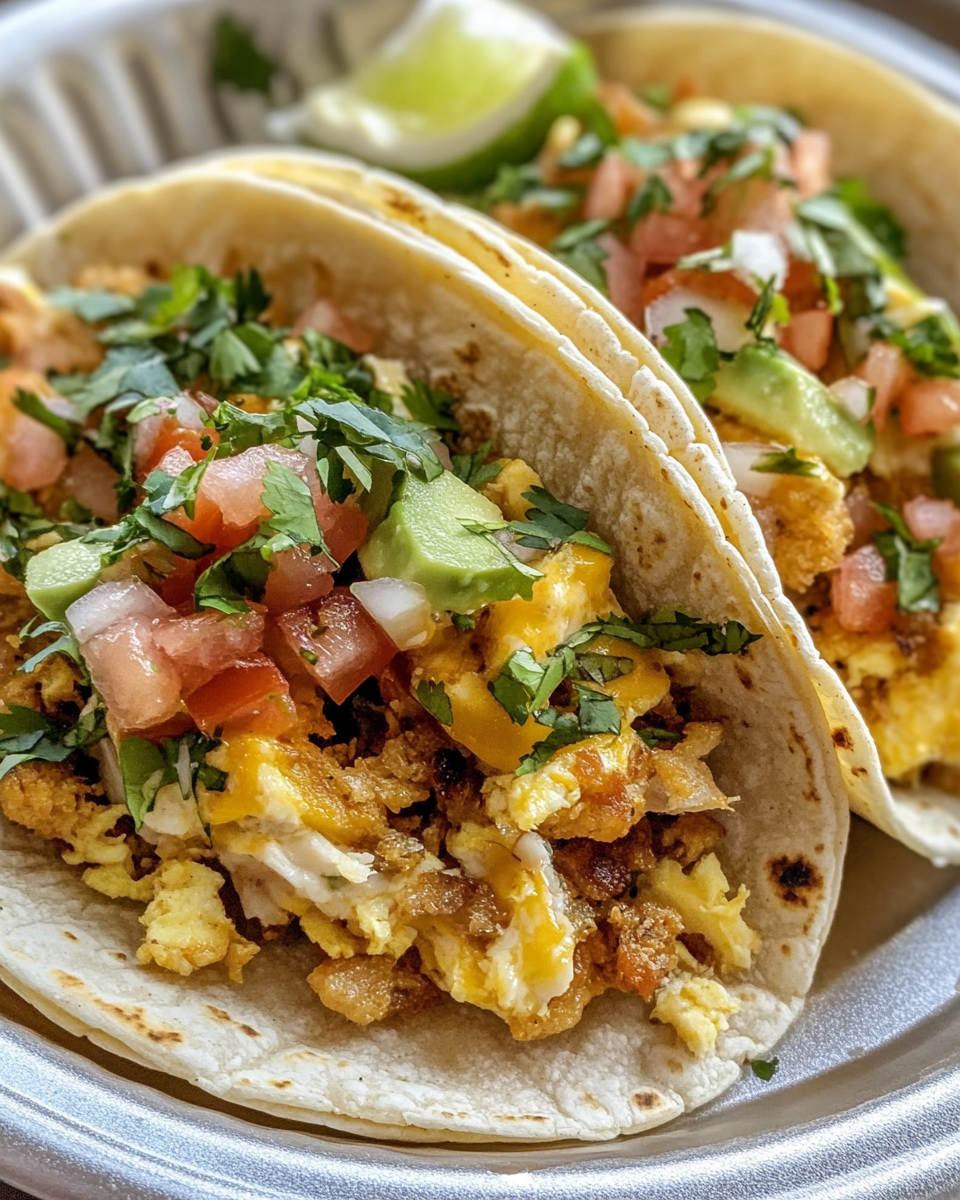 Finished breakfast tacos served hot with cheese and fresh toppings