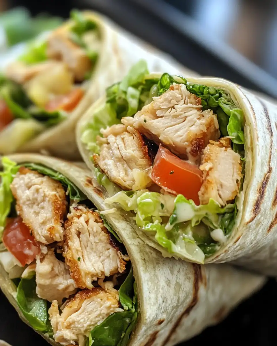 Ingredients for chicken Caesar wraps including chicken strips, parmesan, romaine and croutons
