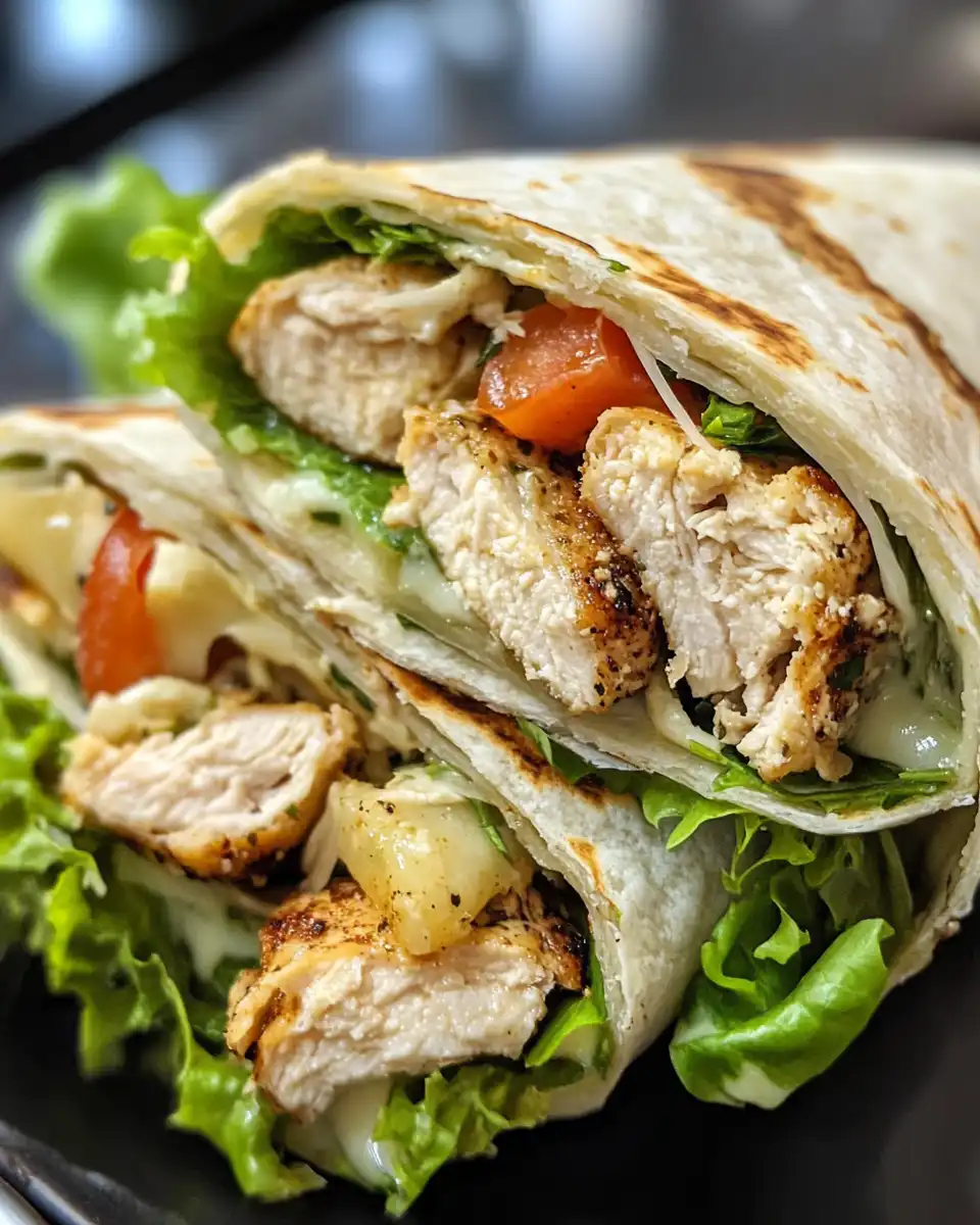 Final chicken Caesar wraps plated and served with croutons and dressing